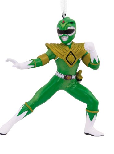 "Green Ranger Christmas ornament from the Mighty Morphin Power Rangers series, crafted by Hallmark and licensed by Hasbro."