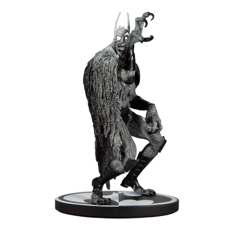 "McFarlane DC Direct Batmonster statue, designed by Greg Capullo, in black and white, standing 7 inches tall."