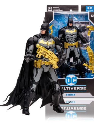 "7-inch McFarlane DC Multiverse Batman action figure in Prestige Suit from Arkham Knight game, with accessories."