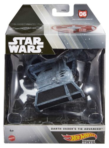 "Darth Vader's TIE Advanced Starship model from Hot Wheels Star Wars Starships Select collection with display stand."