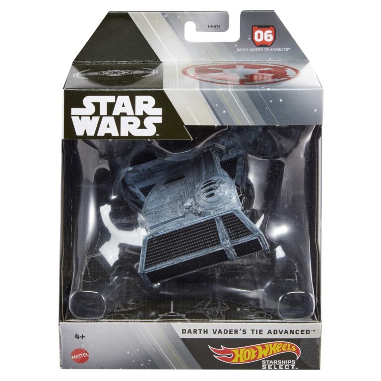 "Darth Vader's TIE Advanced Starship model from Hot Wheels Star Wars Starships Select collection with display stand."