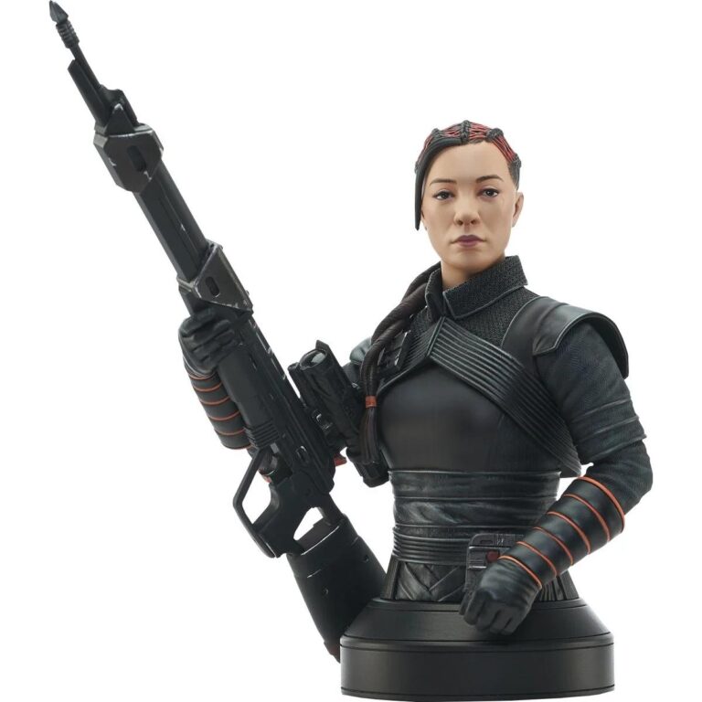 "1:6 scale mini-bust of Fennec Shand from Star Wars: The Mandalorian, holding a sniper rifle, with interchangeable heads."