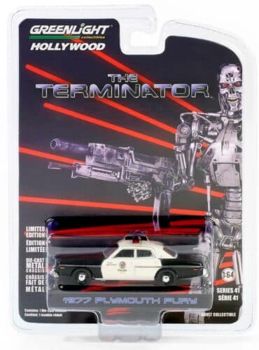 "1:64 scale diecast model of The Terminator 1977 Plymouth Fury police car by Greenlight Hollywood Series."