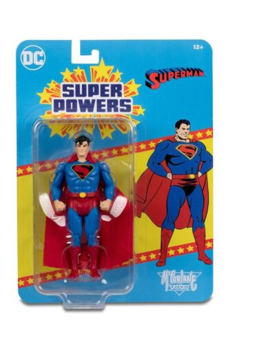 "McFarlane DC Super Powers Superman (Fleischer Variant) action figure from 2024, inspired by 1940s animation, in retro packaging."