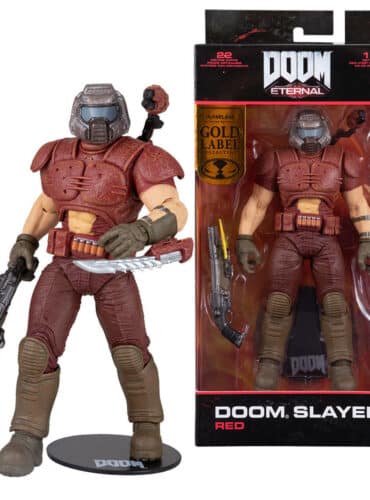 "Doom Slayer action figure by McFarlane Toys in red skin, part of Gold Label Series, with detailed weapon accessory."