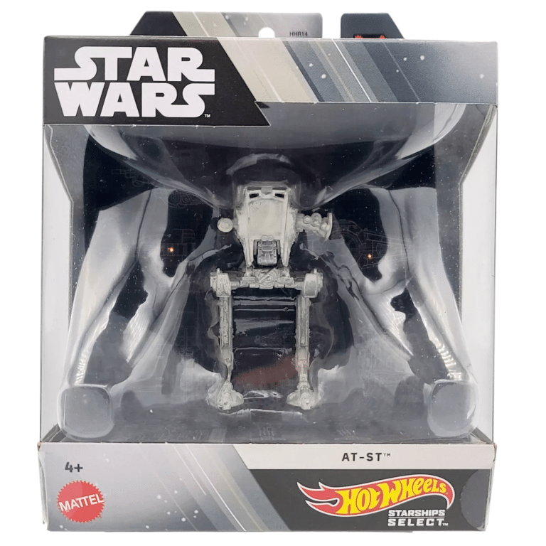 "Hot Wheels Star Wars Starships Select AT-ST #29, a detailed 1:50 scale die-cast replica with movable parts, on a display stand."