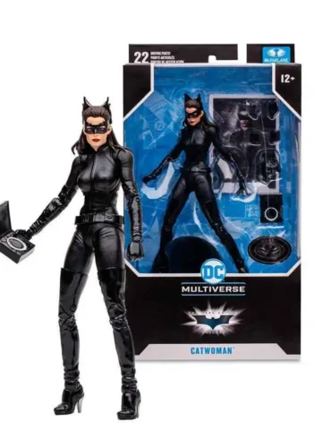 "7-inch McFarlane DC Multiverse The Dark Knight Rises Catwoman Platinum figure, showcasing the character in her sleek costume with signature goggles, intricate body armor, and whip accessory, standing upright on a display base."