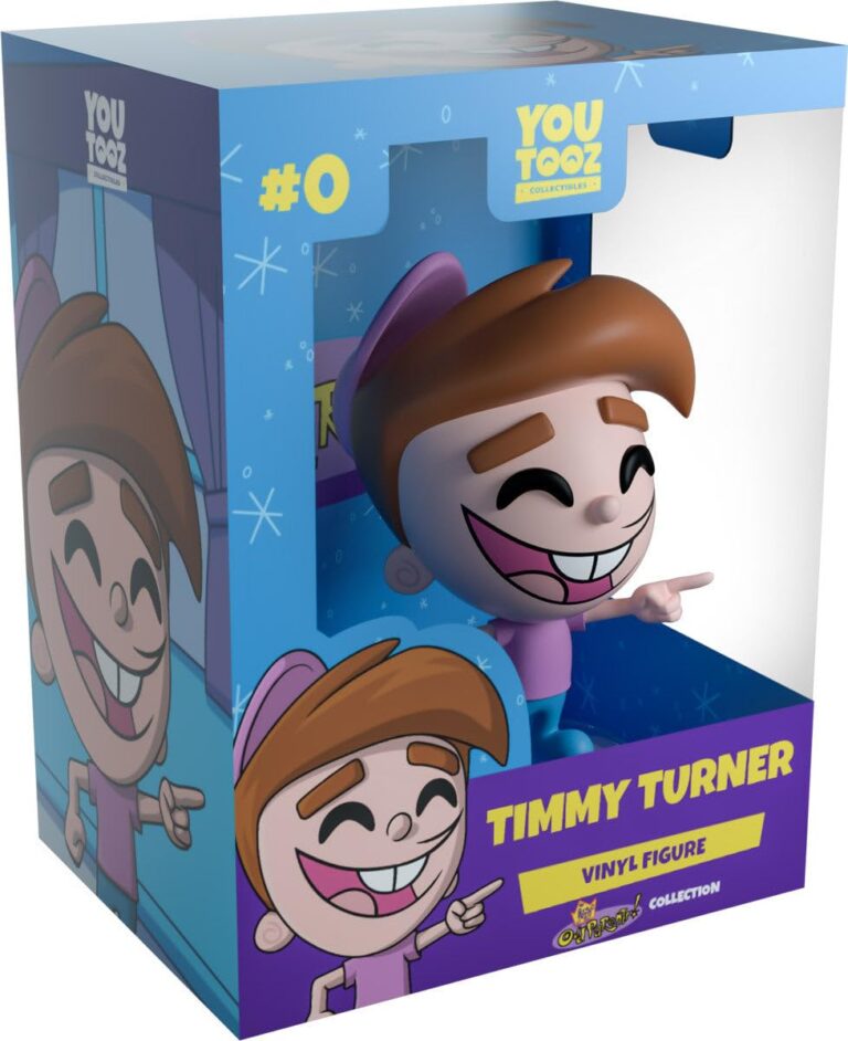 "4.5-inch vinyl figure of Timmy Turner from The Fairly OddParents, in pink hat and shirt, pointing forward."