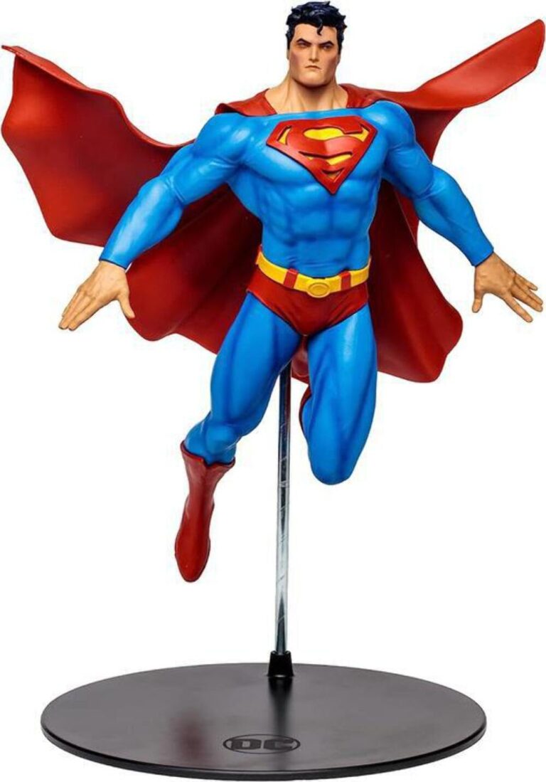 "12-inch McFarlane DC Multiverse Superman statue, inspired by 'For Tomorrow' comic, in dynamic pose with red flowing cape."