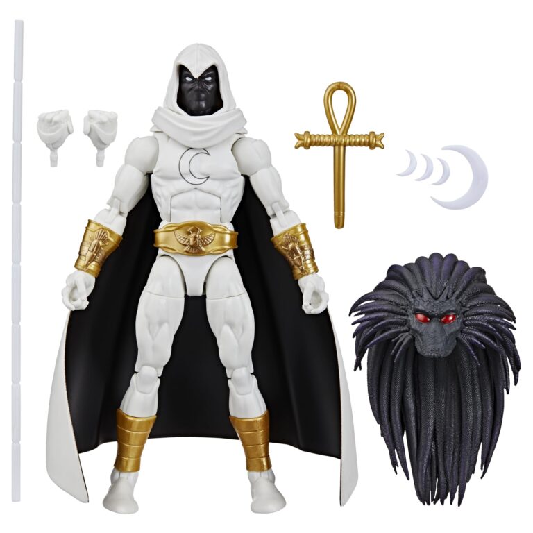 "6-inch Marvel Legends Series Strange Tales Moon Knight action figure with 8 accessories and Blackheart Build-A-Figure piece."