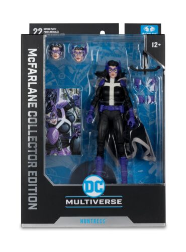 "7-inch McFarlane DC Multiverse Huntress figure, Collector Edition #23, with accessories in a window box."