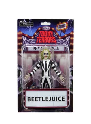 "6-inch NECA Toony Terrors Beetlejuice figure in black and white striped suit, cartoon-style design."