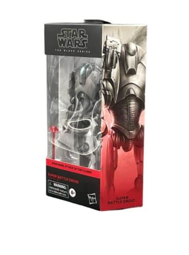 "6-inch Star Wars The Black Series Super Battle Droid action figure with over 20 points of articulation."