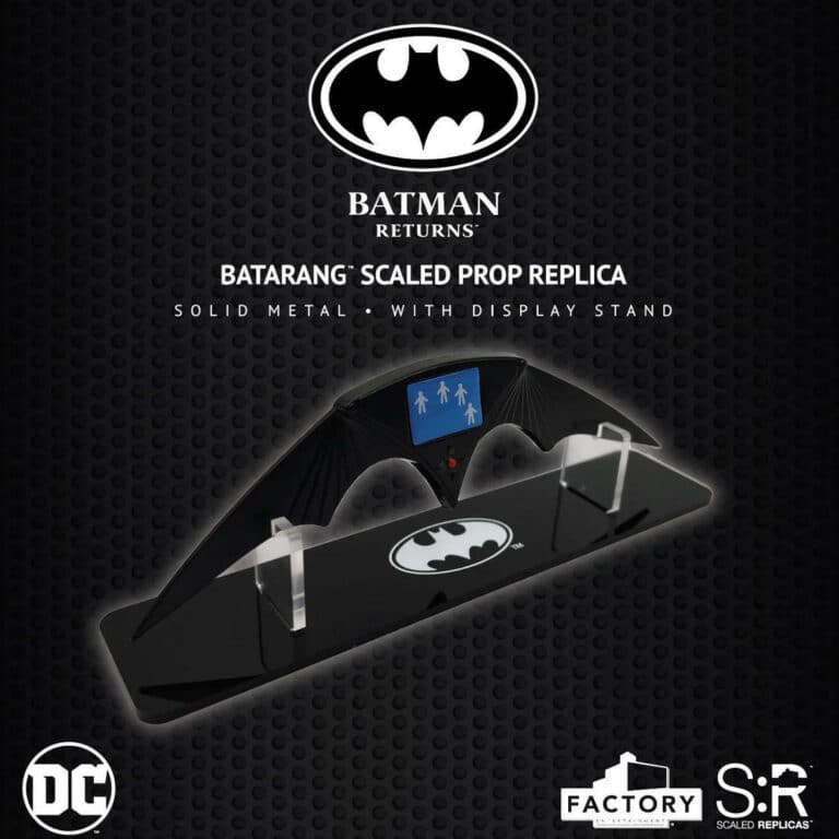 "Officially licensed Batman Returns Batarang prop replica by Factory Entertainment with display stand."