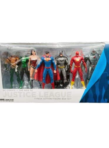 "7-pack set of 7" DC Collectibles New 52 Justice League action figures including Superman, Batman, Wonder Woman, and more."