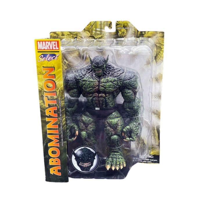 "9-inch Marvel Select Abomination action figure with 16 points of articulation and deluxe display base."