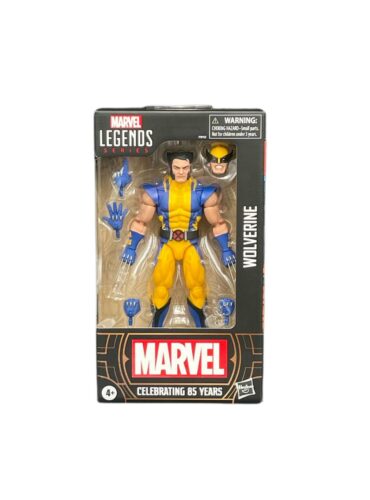 "Marvel Legends Wolverine 85th Anniversary 6in action figure in classic yellow and blue suit, highly articulated with claw accessories."