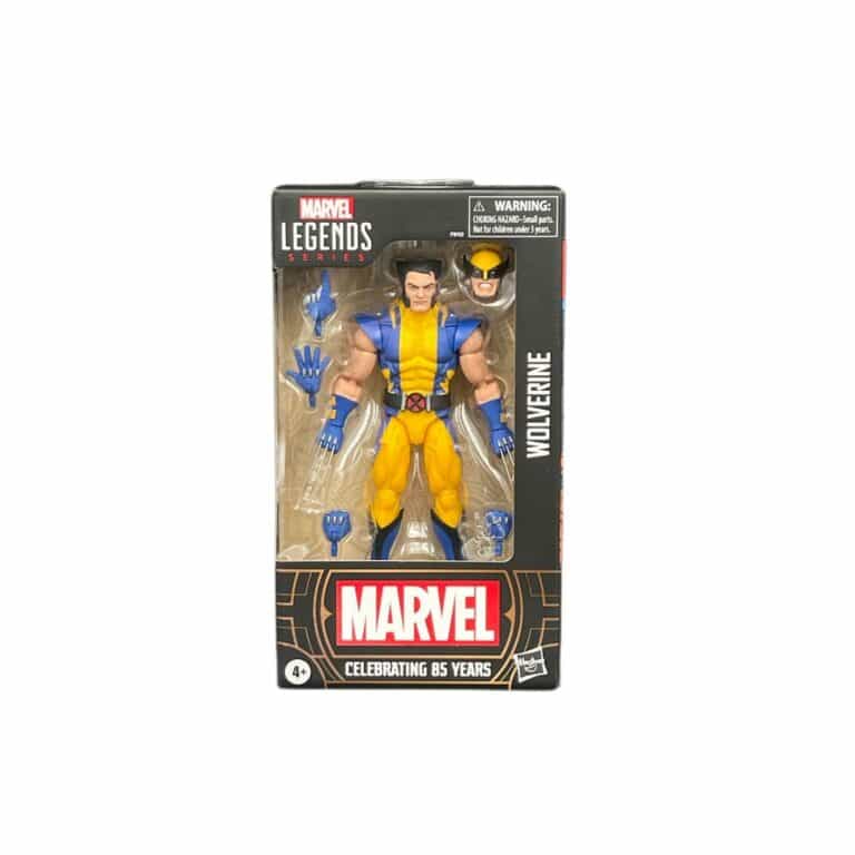 "Marvel Legends Wolverine 85th Anniversary 6in action figure in classic yellow and blue suit, highly articulated with claw accessories."