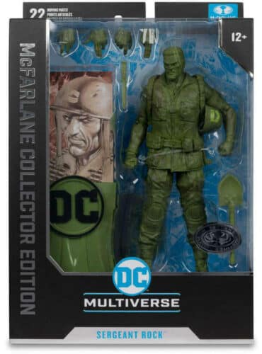 "7-inch McFarlane DC Multiverse Sergeant Rock action figure with helmet, knife, and trench shovel accessories."