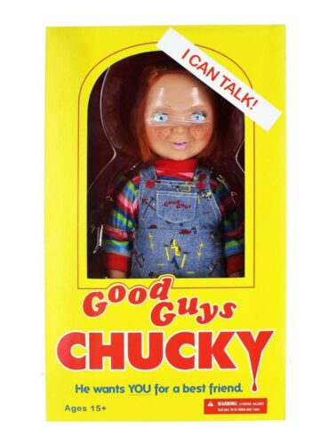 "15-inch Mezco Toyz Child's Play Talking Good Guys Chucky Doll in classic outfit with movie-accurate phrases feature."