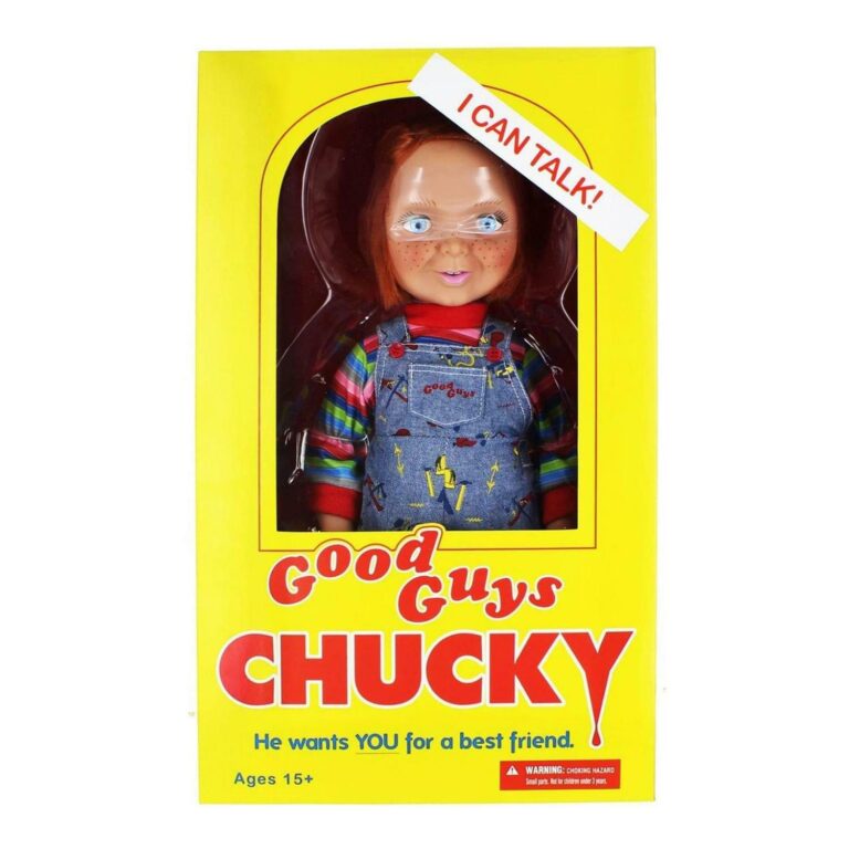 "15-inch Mezco Toyz Child's Play Talking Good Guys Chucky Doll in classic outfit with movie-accurate phrases feature."