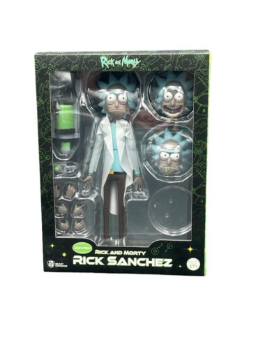 "Rick Sanchez action figure from Rick & Morty, with multiple articulation points and accessories, including portal gun and interchangeable hands."