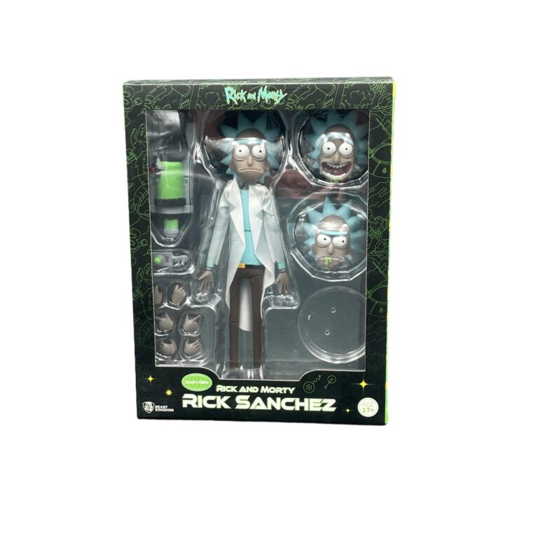 "Rick Sanchez action figure from Rick & Morty, with multiple articulation points and accessories, including portal gun and interchangeable hands."