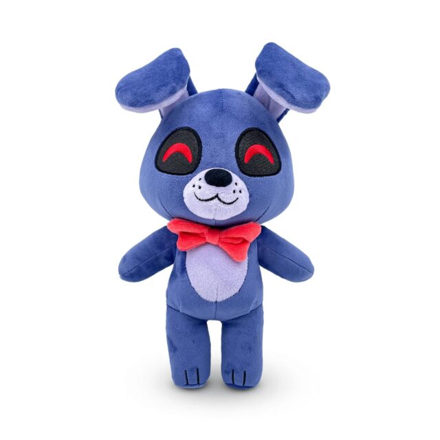 "chibi bonnie 9-inch plush from five nights at freddy's, with red eyes, grey muzzle, and red bow tie. "