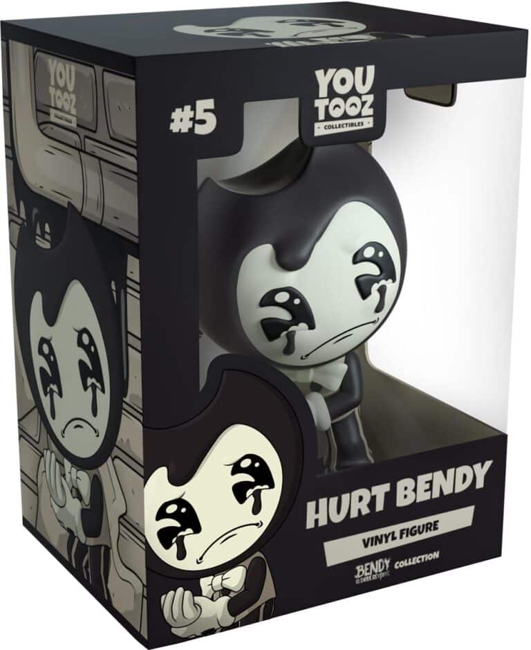 "3.8" Hurt Bendy vinyl figure from Youtooz, featuring black head, white bowtie, pinstripe pants, and inky tears."