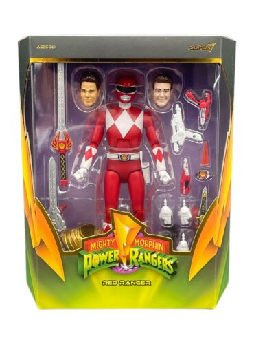 "7-inch Super7 ULTIMATES! Mighty Morphin Power Rangers Red Ranger action figure with interchangeable parts and accessories."