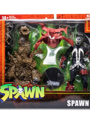 "7-inch McFarlane Toys Spawn Throne Deluxe Set Figure with removable cape and garbage throne."