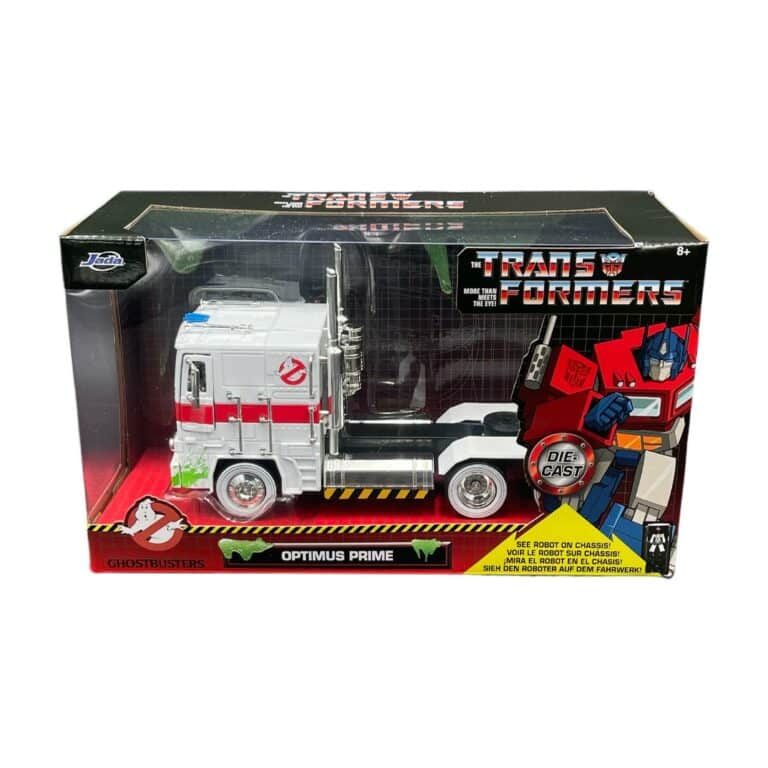 "1:24 scale diecast Optimus Prime semi-truck in Ghostbusters theme with opening doors, hood, trunk, and detailed interior."