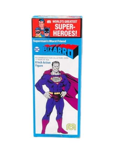 "8-inch Mego 50th Anniversary Bizarro Superman action figure in classic purple costume with reverse 'S' emblem."