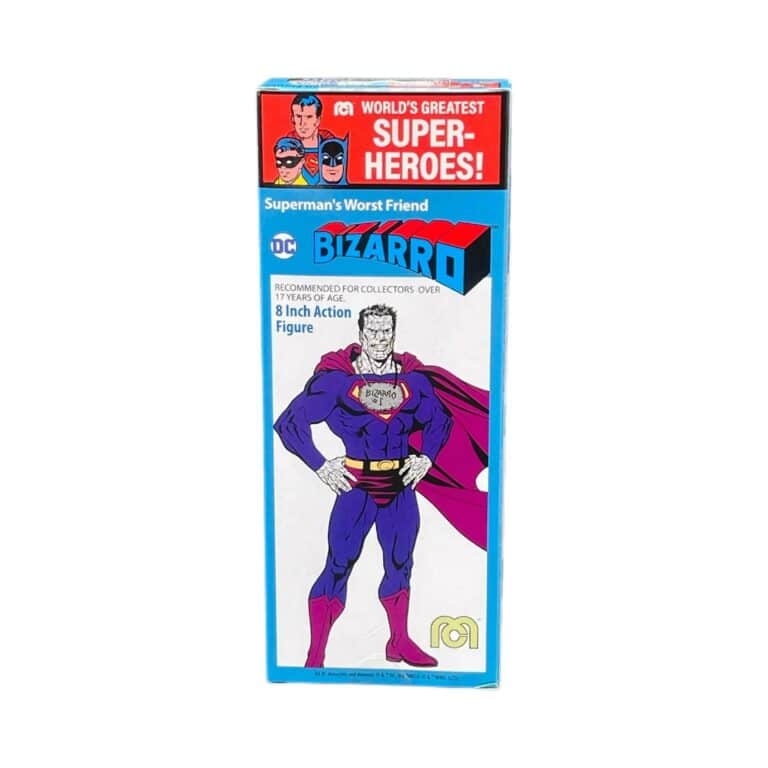 "8-inch Mego 50th Anniversary Bizarro Superman action figure in classic purple costume with reverse 'S' emblem."