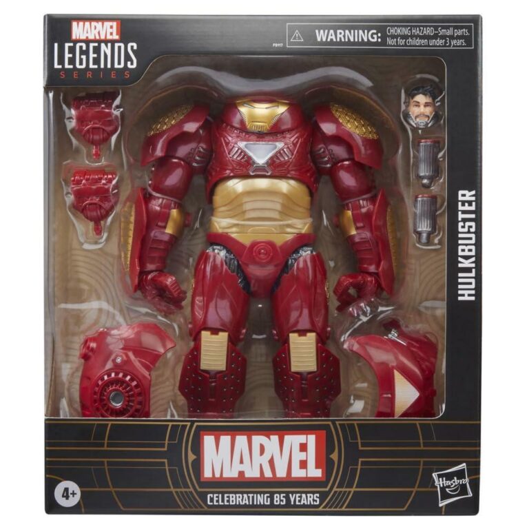 "Marvel Legends Hulkbuster action figure, celebrating 85th anniversary of Marvel, 9 inches tall with 20 points of articulation."