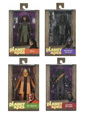 "NECA Planet of the Apes action figure 4-pack featuring Dr. Zaius, Zira, General Ursus, and a Gorilla Soldier."