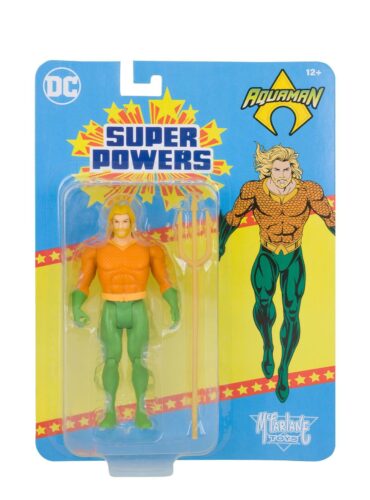 "McFarlane DC Super Powers Aquaman action figure in classic 4.5-inch scale with articulation and trident."