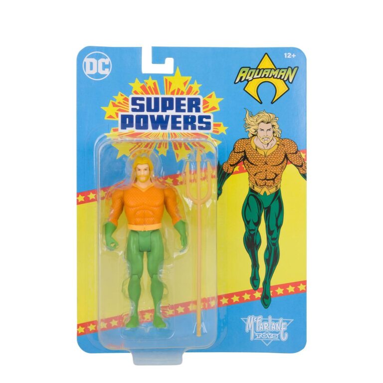 "McFarlane DC Super Powers Aquaman action figure in classic 4.5-inch scale with articulation and trident."