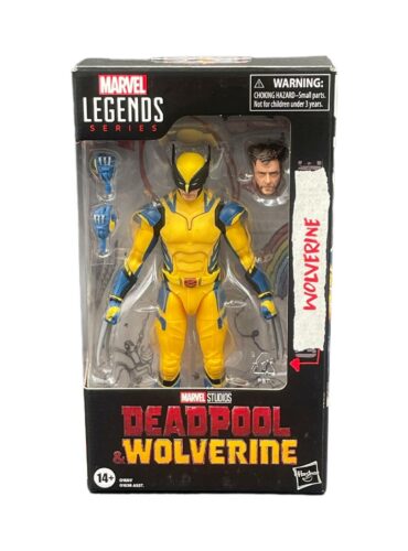 "6-inch Marvel Legends Wolverine action figure with Deadpool crossover, featuring detailed costume, alternate masked head, and poseable limbs."