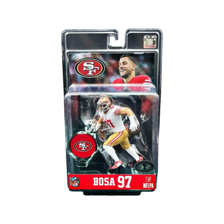 "Nick Bosa (#97 San Francisco 49ers) Platinum Chase Figure by McFarlane Sportspicks, a detailed 7-inch action figure with team logo base."