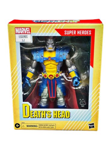 "Marvel Legends Series Death's Head Deluxe 6-Inch Action Figure, fully articulated with 6 accessories, in retro collector card inspired window box."