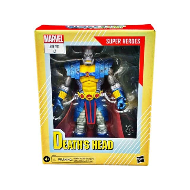 "marvel legends series death's head deluxe 6-inch action figure, fully articulated with 6 accessories, in retro collector card inspired window box. "