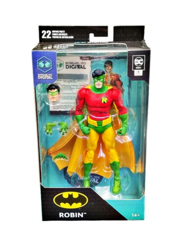 "7-inch McFarlane Digital DC Direct Robin of Earth-2 action figure with extra head, Batarang, hands, and display base."