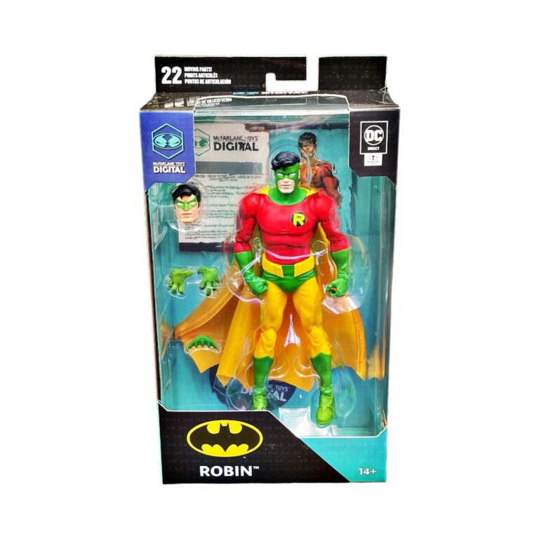 "7-inch McFarlane Digital DC Direct Robin of Earth-2 action figure with extra head, Batarang, hands, and display base."