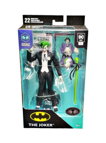 "Platinum Edition McFarlane Digital DC Direct The Joker figure with cane, extra hands, and authentic art card."