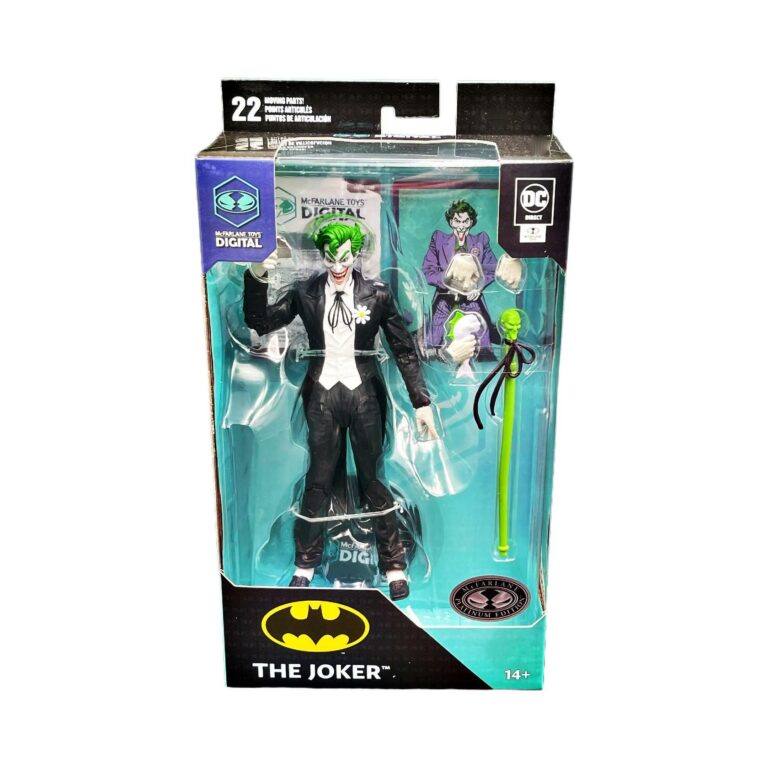 "Platinum Edition McFarlane Digital DC Direct The Joker figure with cane, extra hands, and authentic art card."