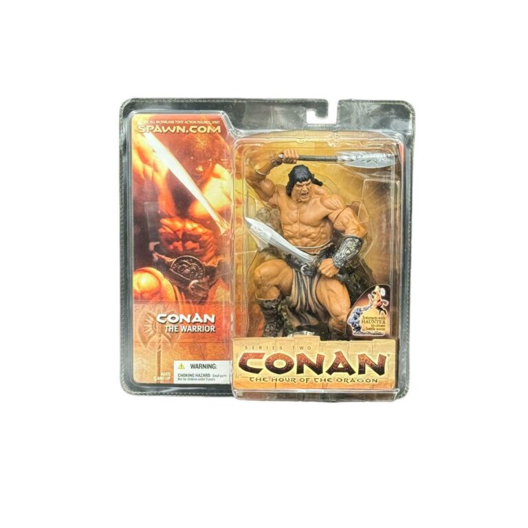 "2004 McFarlane Conan the Warrior action figure in dynamic pose with detailed armor and weapon accessories."