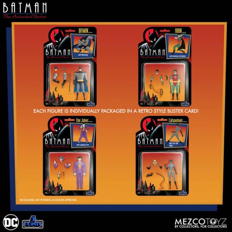 "Mezco Toyz Batman: The Animated Series Deluxe 5 Points Figure Set featuring Batman, Robin, Joker, Catwoman, and Batmobile figures with interchangeable parts."