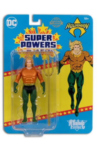 "McFarlane DC Super Powers Aquaman Gold Wave 9 4in Figure Chase with trident, in classic packaging."