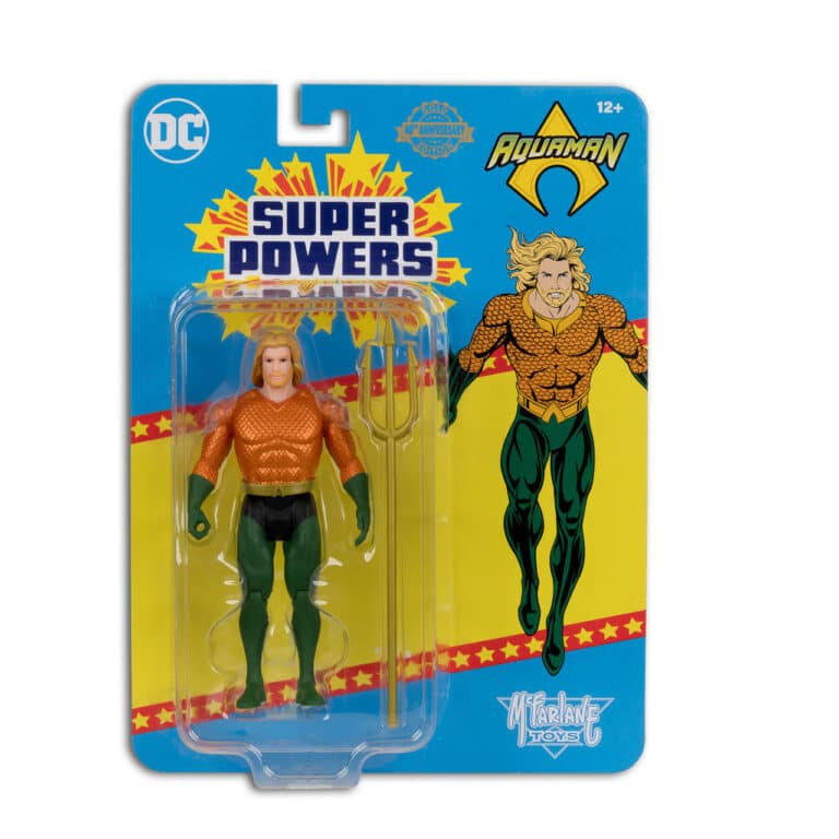 "McFarlane DC Super Powers Aquaman Gold Wave 9 4in Figure Chase with trident, in classic packaging."